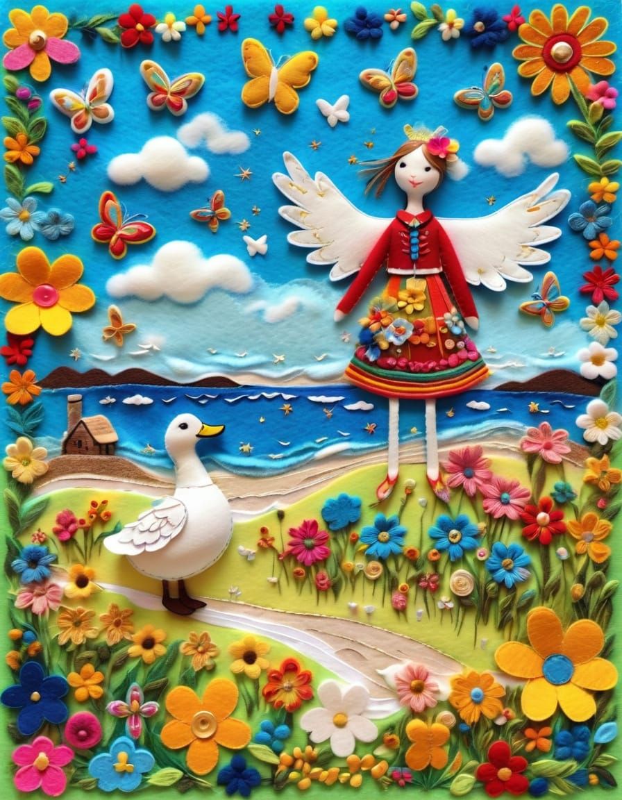 Felt Art Eagle on Decorated Beach with Butterflies