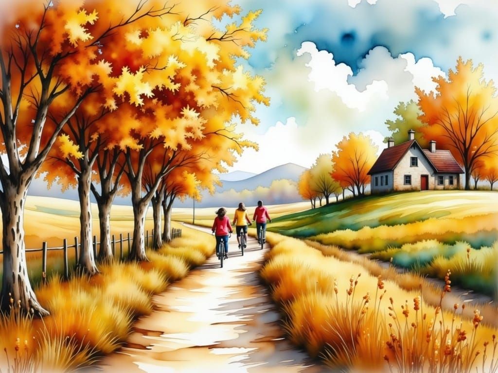 Autumn Cycling Path in Watercolor Style