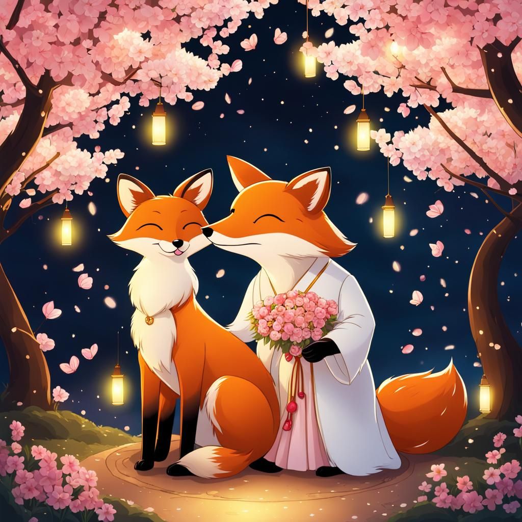 Fox Wedding Under Sakura Lights