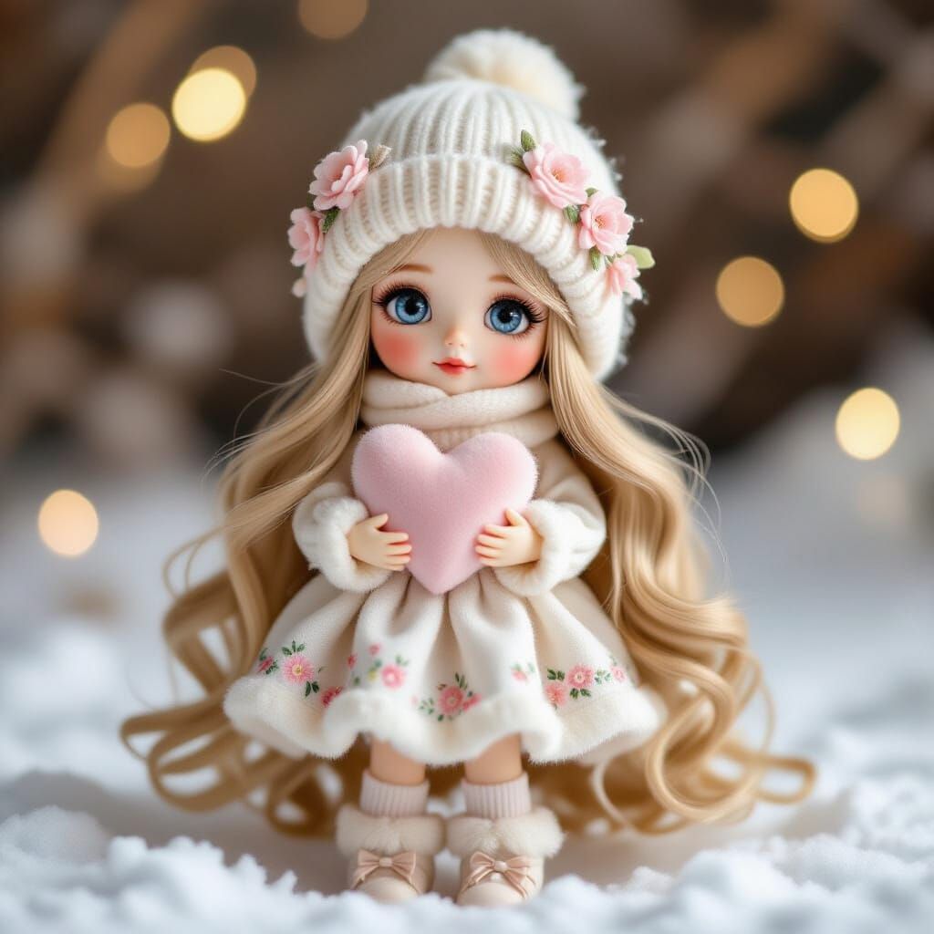 Cute Doll in Snowy Winter Landscape with Heart