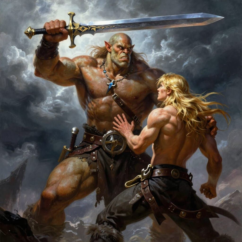 Muscular Orc Defends Blonde Man Under Stormy Sky