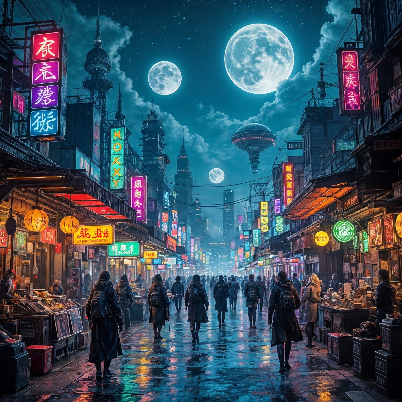 Cyberpunk Alien Market Under Twin Moons