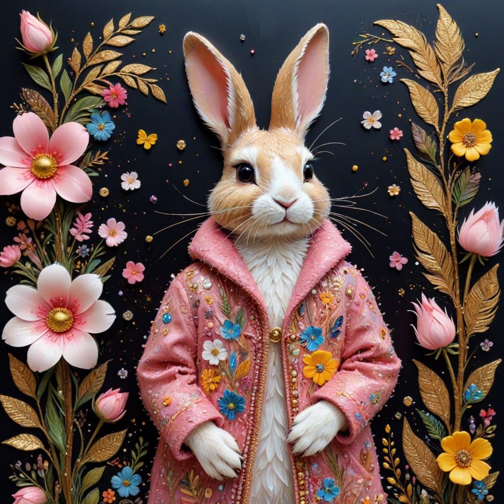 Bunny in Elegant Pink Coat, Surrounded by Vibrant Flowers