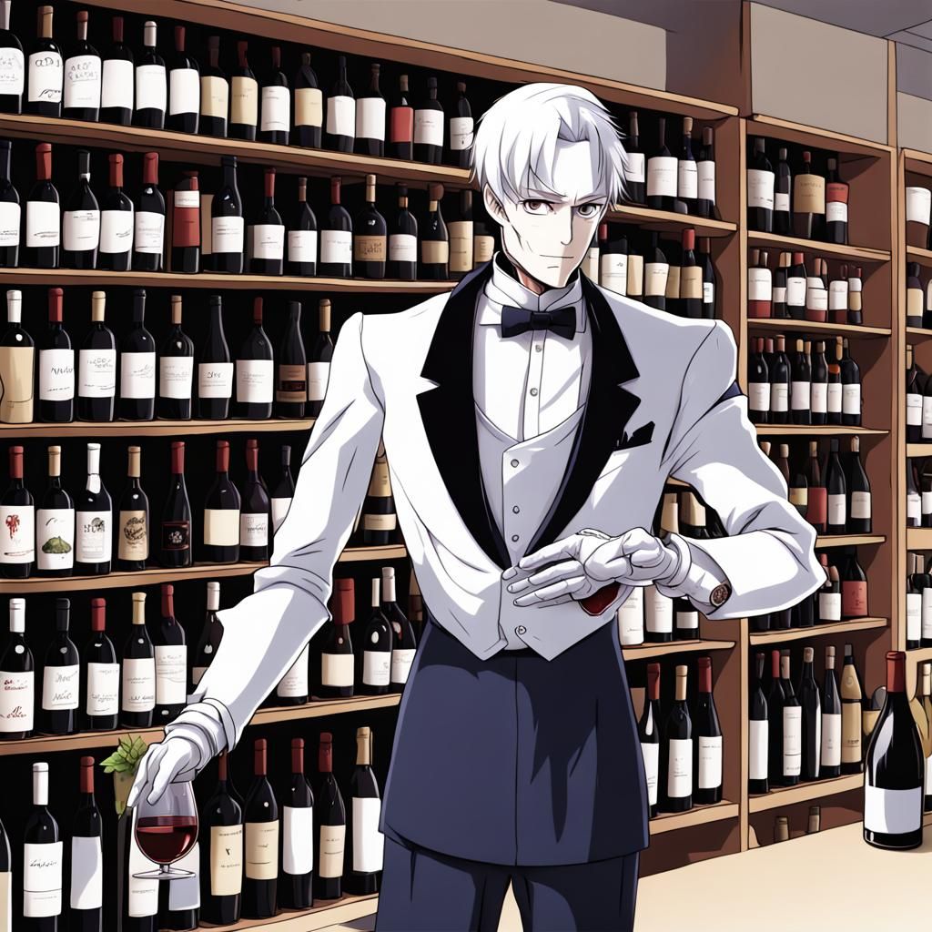 a human-like butler robot providing expert advice on wine selection.