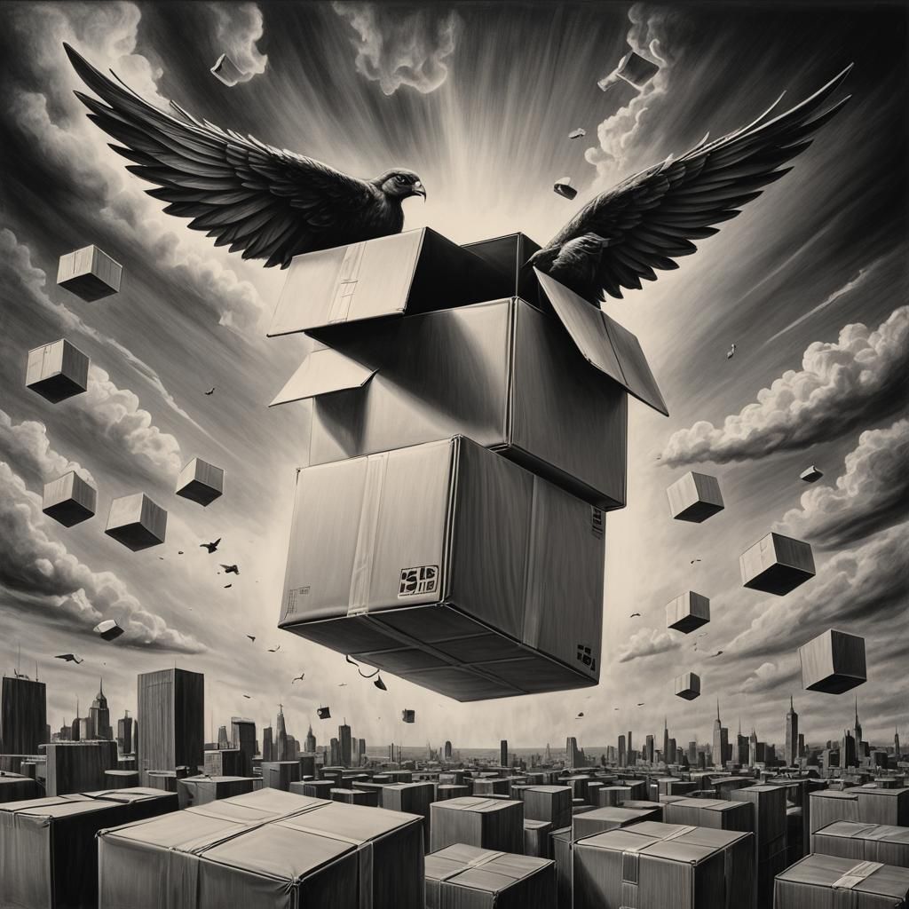 Hyperdetailed Charcoal Drawing of Flying Carton Box