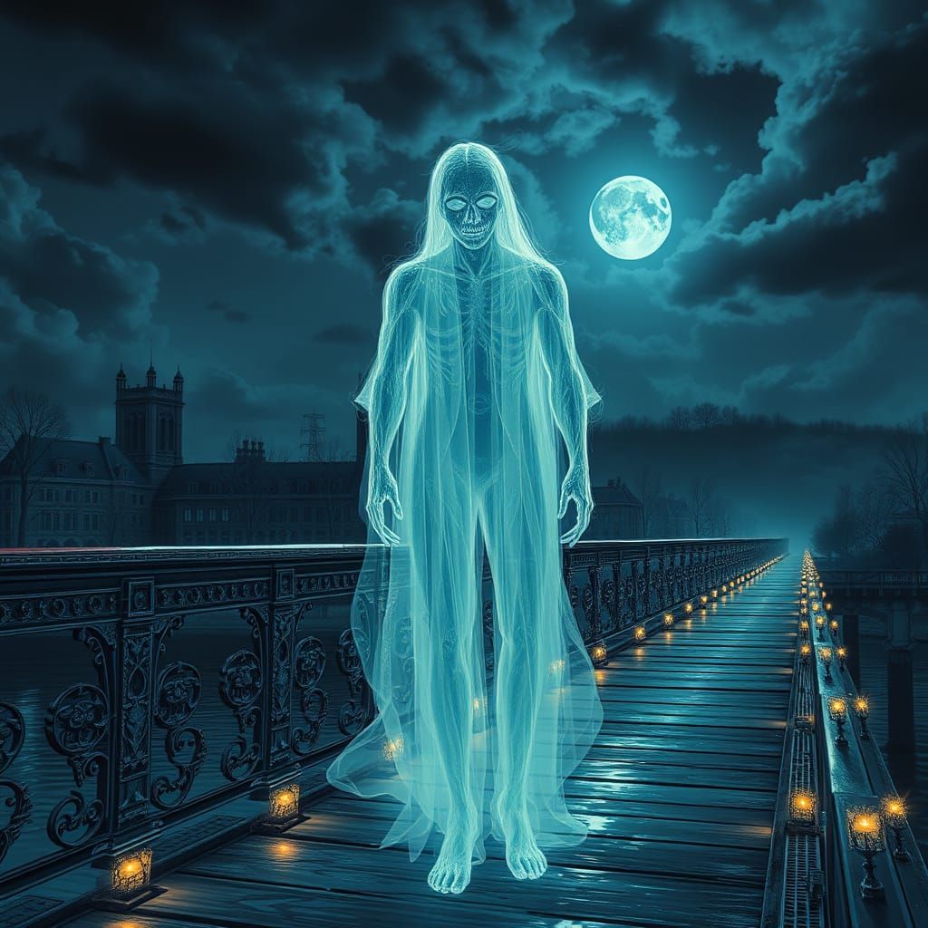 Ghostly Figure on Bridge at Midnight in Vivid Colors