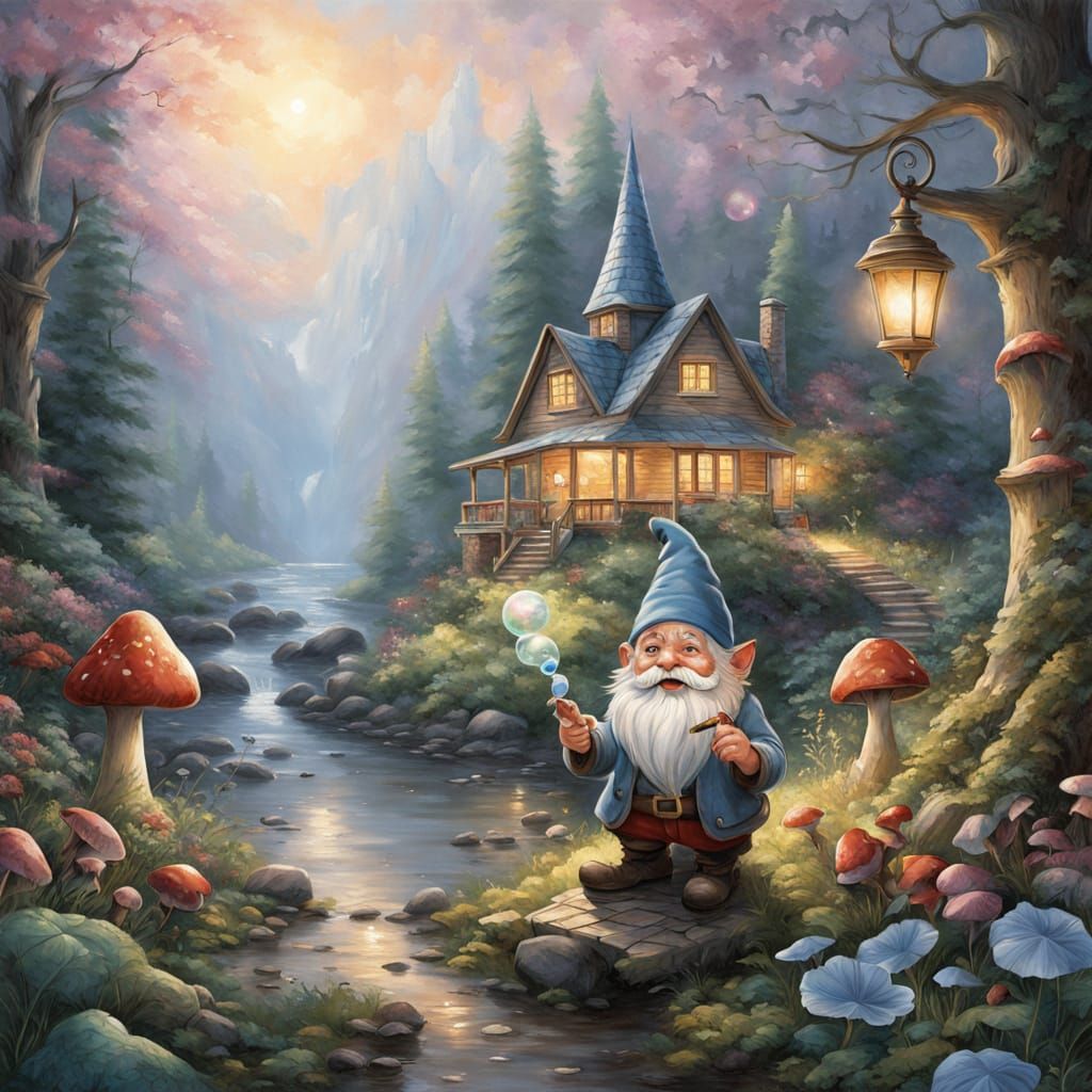 Gnome Collecting Mushrooms in Anime Style Illustration