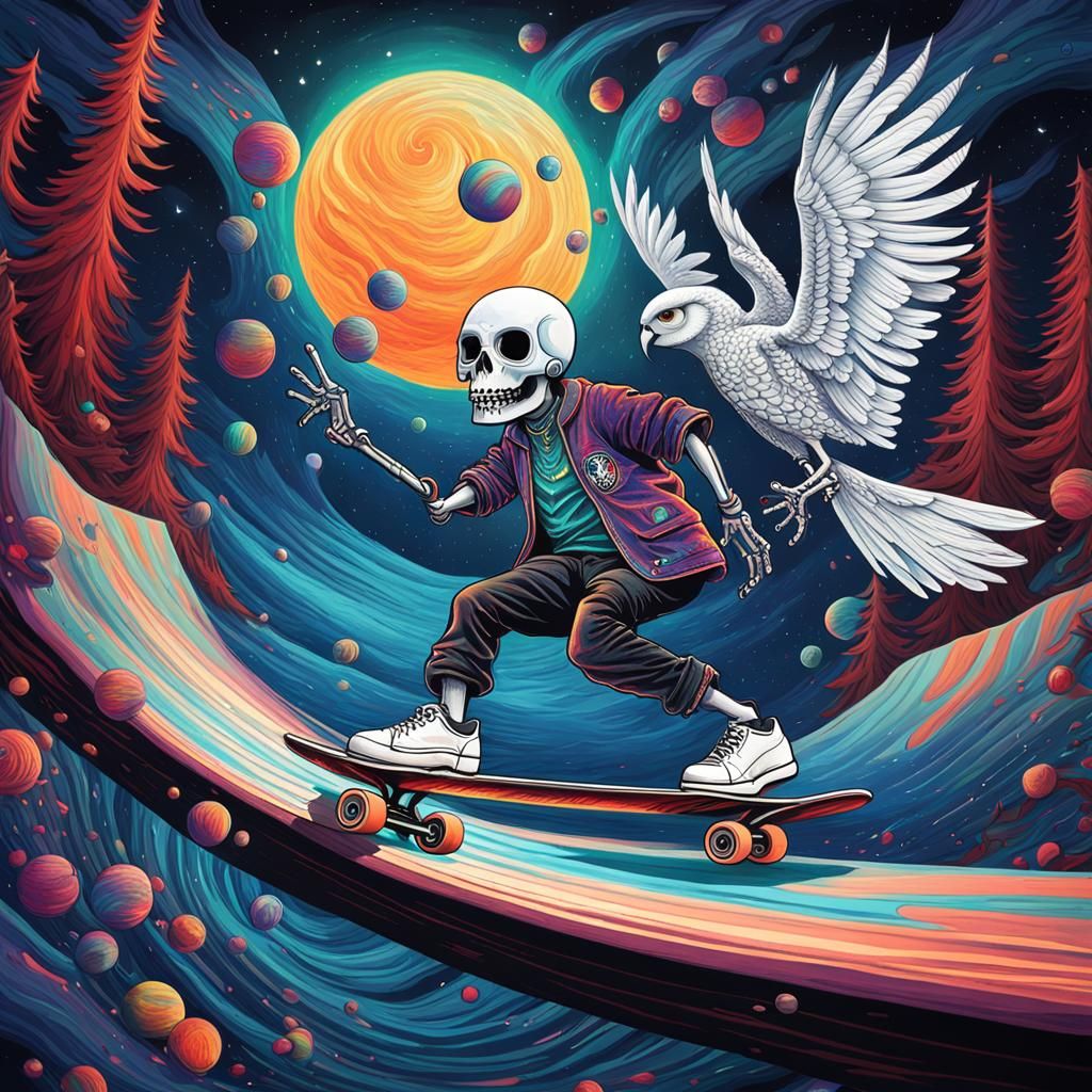 Gothic Skeleton Skateboarding in Astral Martini Glass