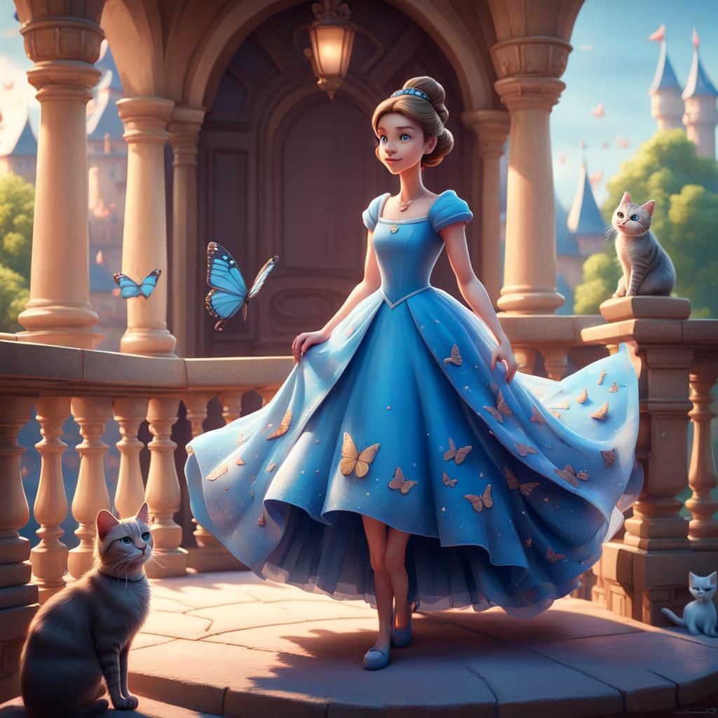 Princess on Balcony with Cat, Pixar Style