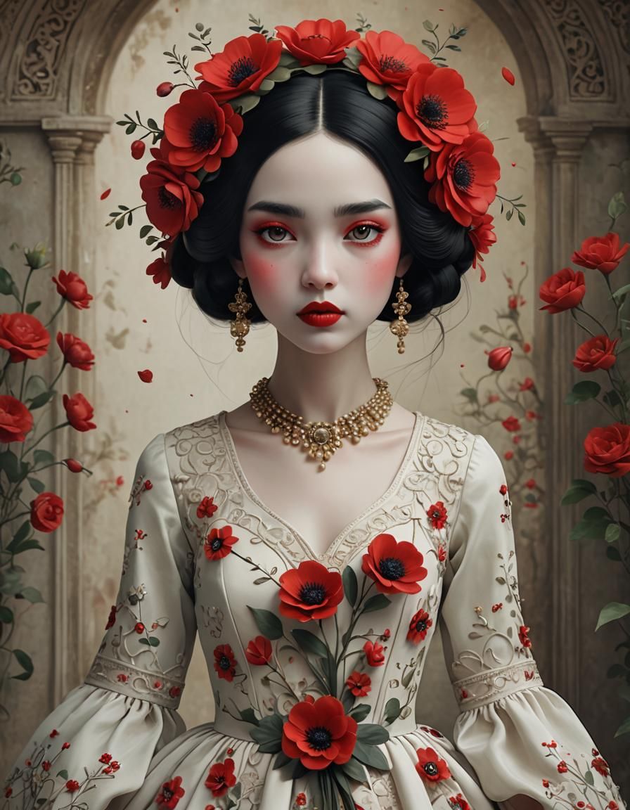 Porcelain Woman with Red Flowers: Surreal 3D Rendering