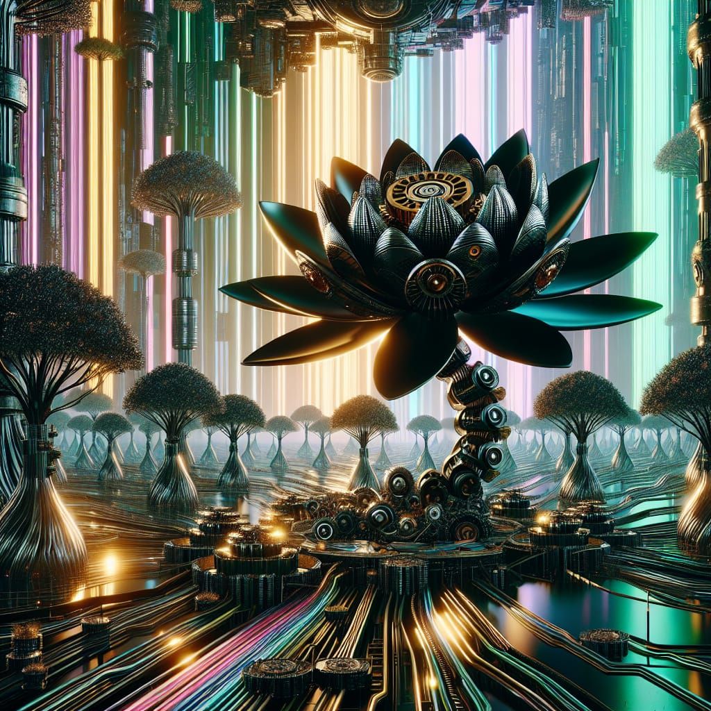 Cyberpunk Black Lotus Flower Blooms in Shimmering Chrome and...