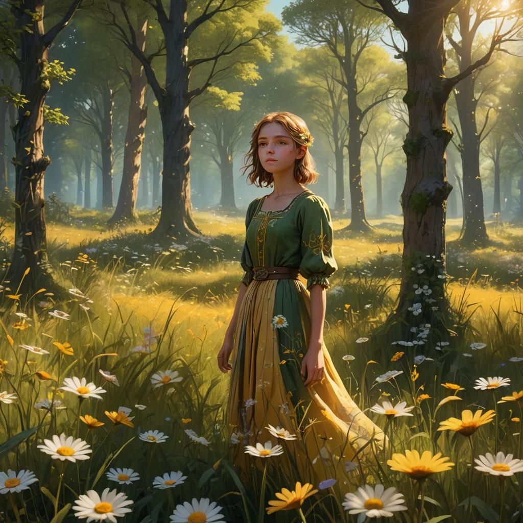 Girl in Sunlit Meadow: Fantasy Concept Art