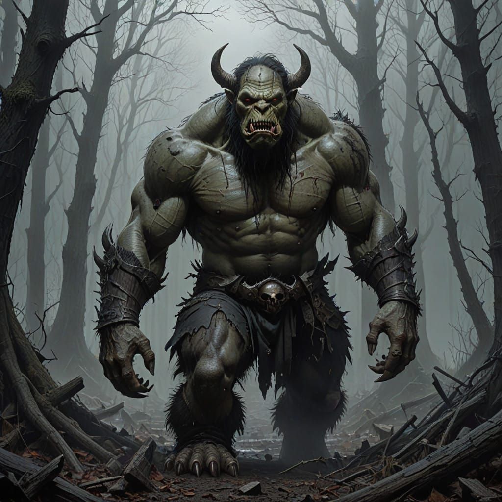 Gothic Horror Giant Orc with Bulging Eyes and Tusks