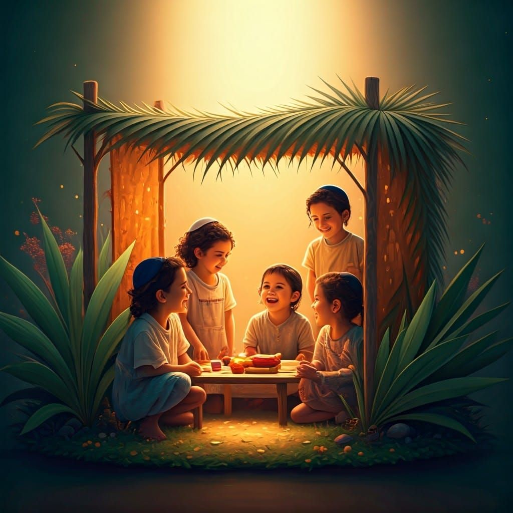 Joyful Children Around a Miniature Sukkah, 3D Render