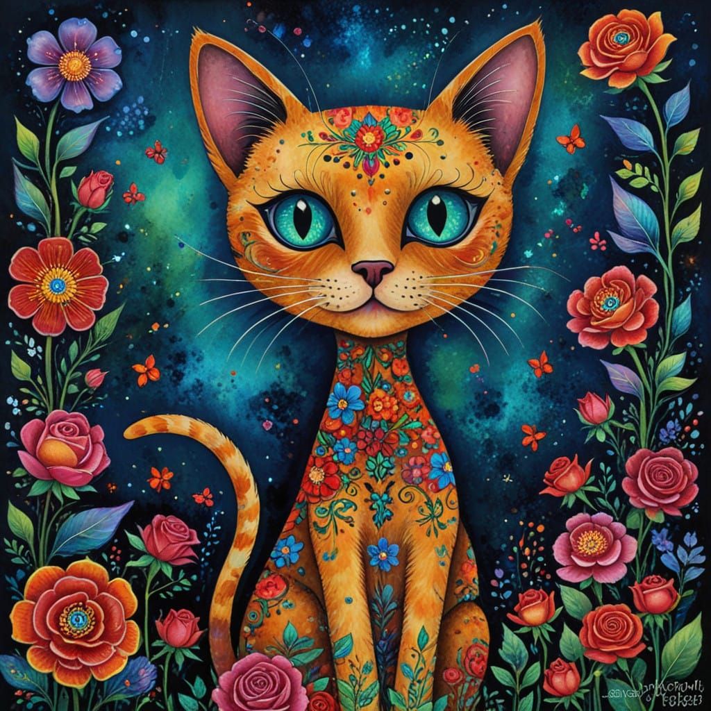 Vibrant Folk Art Whimsy: A Storybook Cat Amidst Blooming Flo...