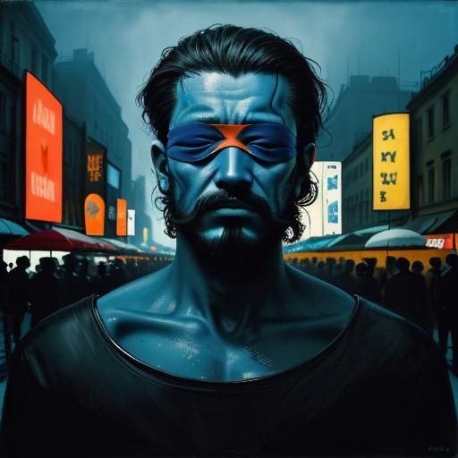 Surreal Portrait in City Square with Protest