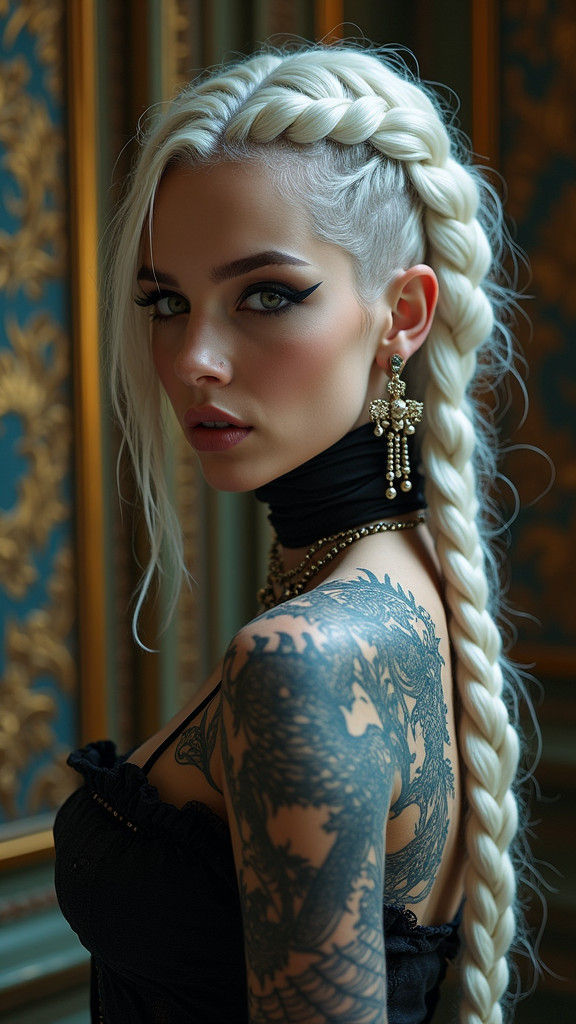 Gothic Aristocrat with Dragon Tattoo, Cyberpunk Flair