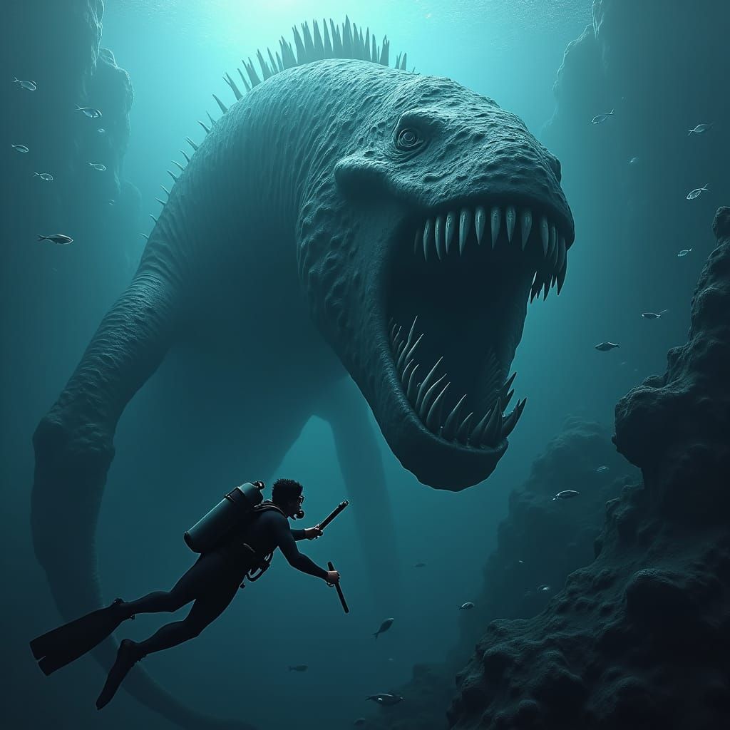 Diver Encountering Colossal Sea Monster in Biomechanical Sty...