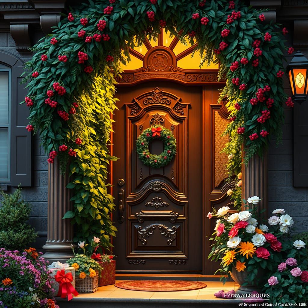 Whimsical Victorian Doorway with Mistletoe and Flowers