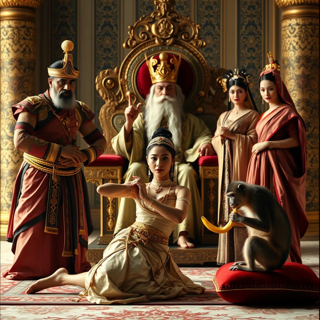 Majestic Sultan Confronts Dancer in Lavish Oriental Scene