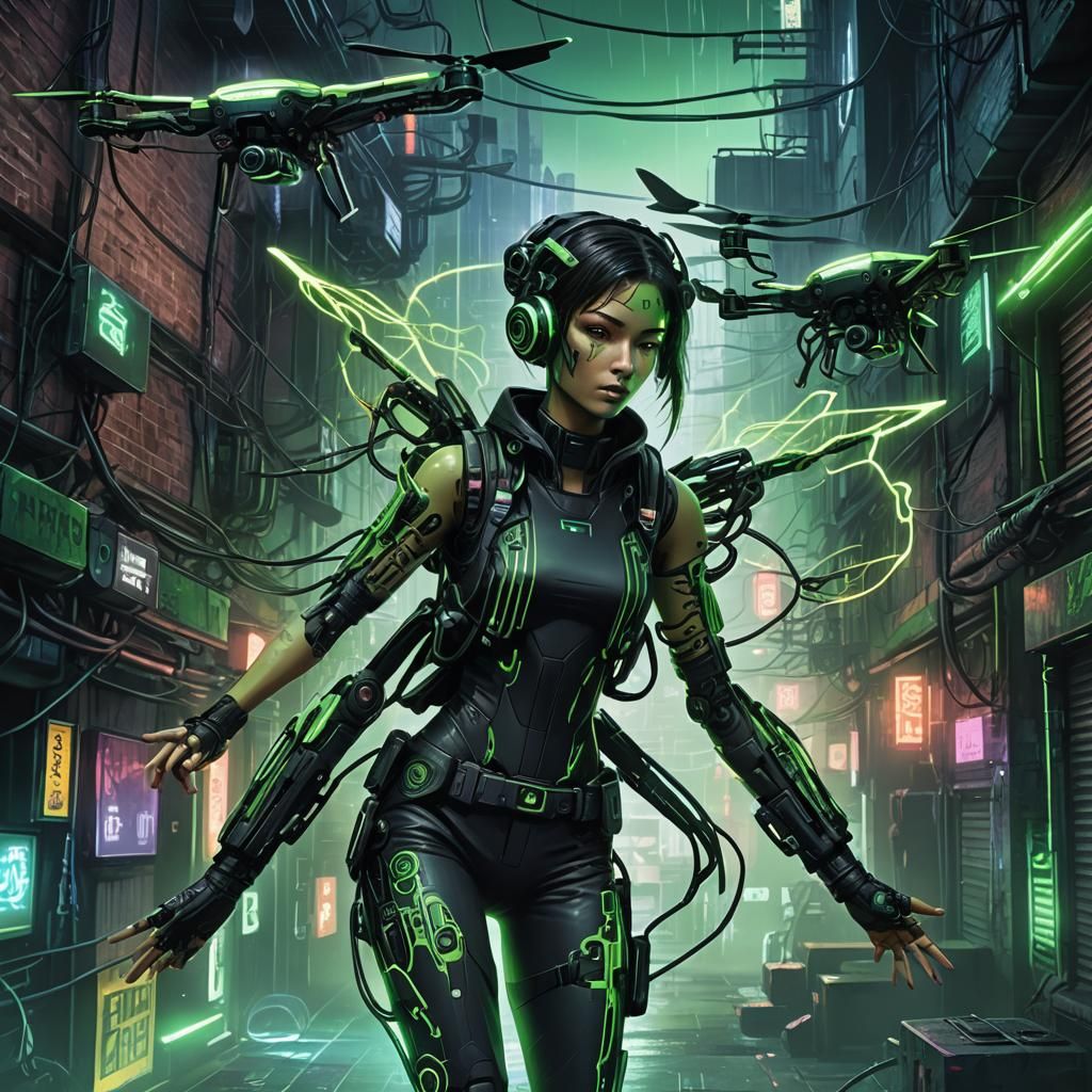 Cyberpunk Rigger Controls Drones in Gritty Urban Alleyway