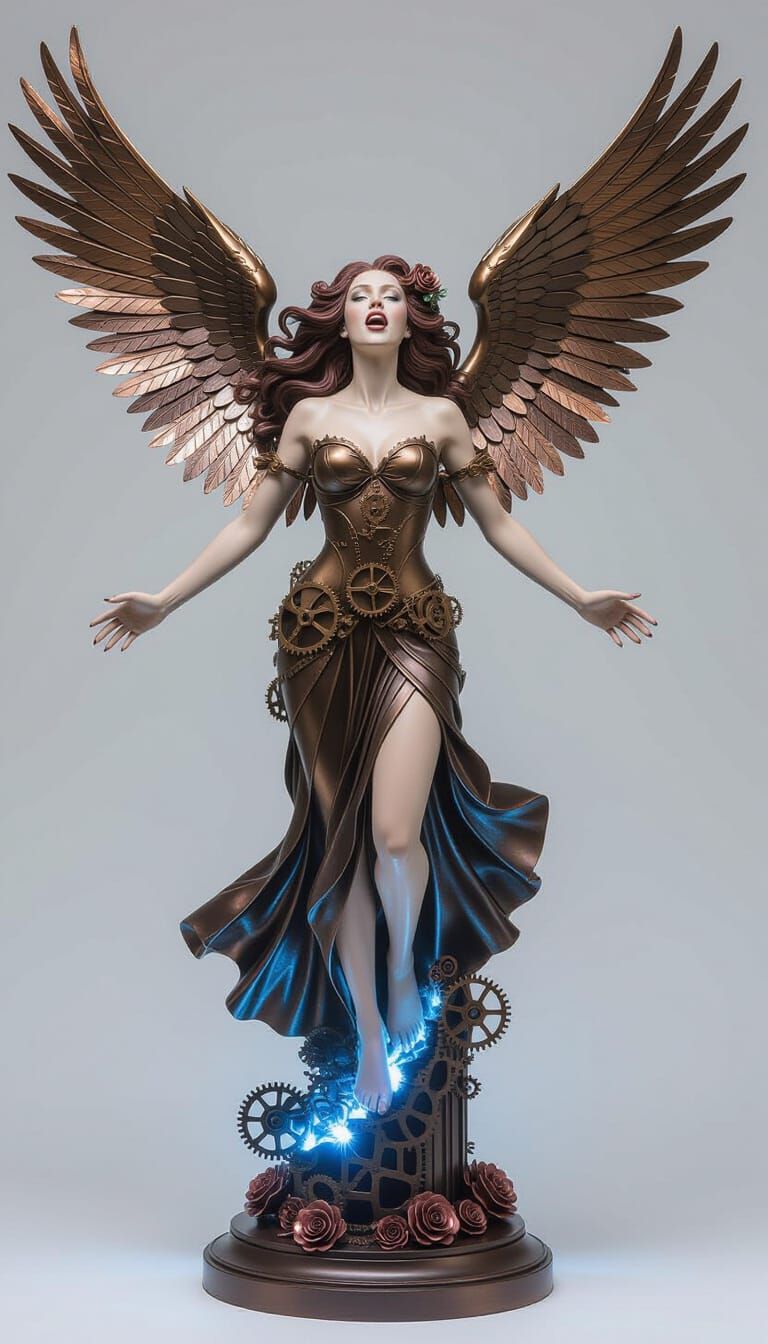 Steampunk Harpy Sculpture with Bronze and Porcelain