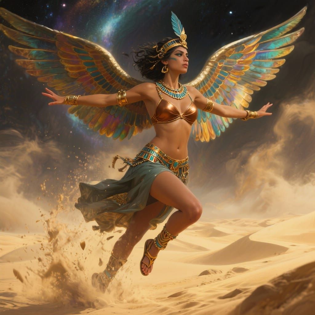 Maat: Winged Goddess in Cosmic Sandstorm
