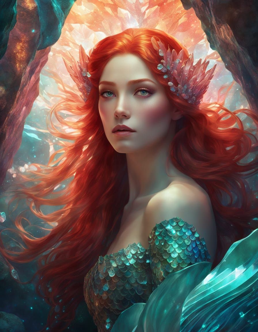 Mermaid Queen in Crystal Cave, Art Nouveau Style