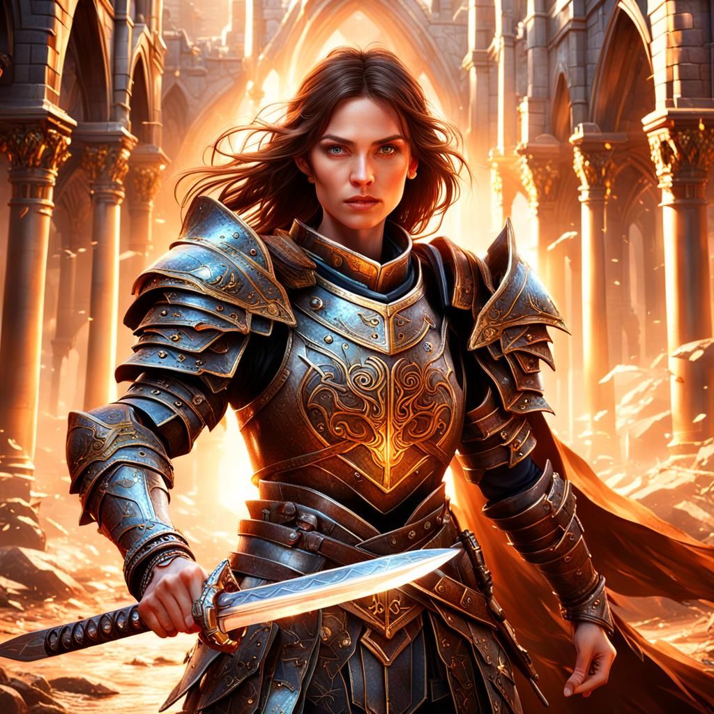 Armored Woman Warrior with Sword in Fantasy Art