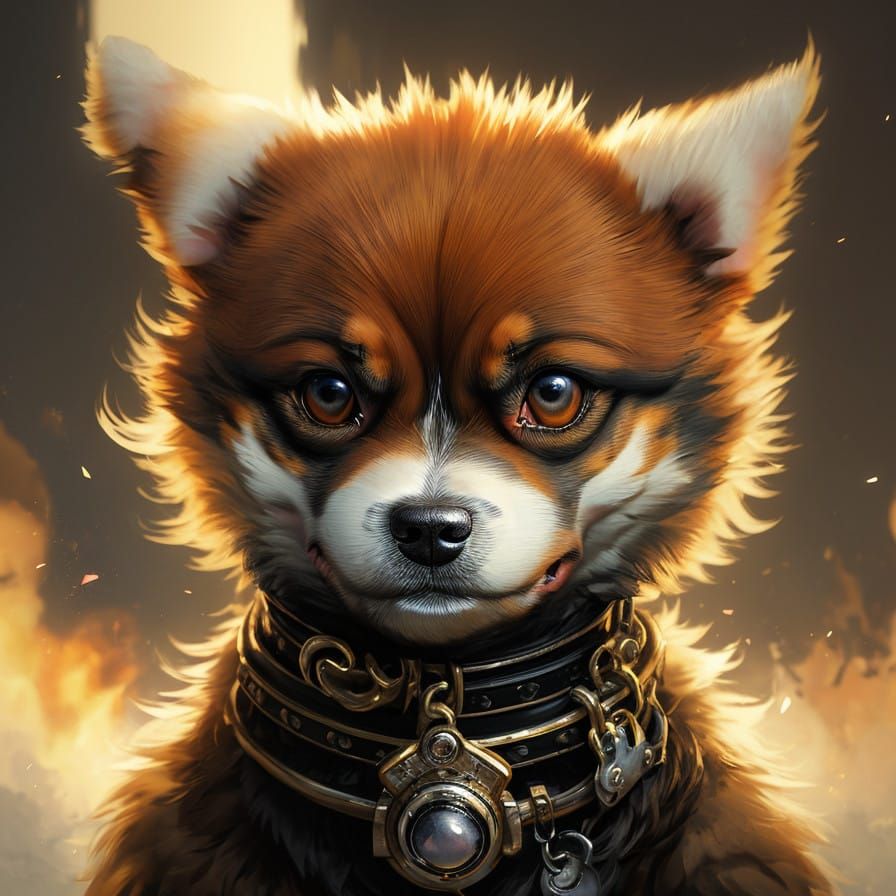 Chibi Firefighter Dog with Smooth Fur and Intricate Motifs