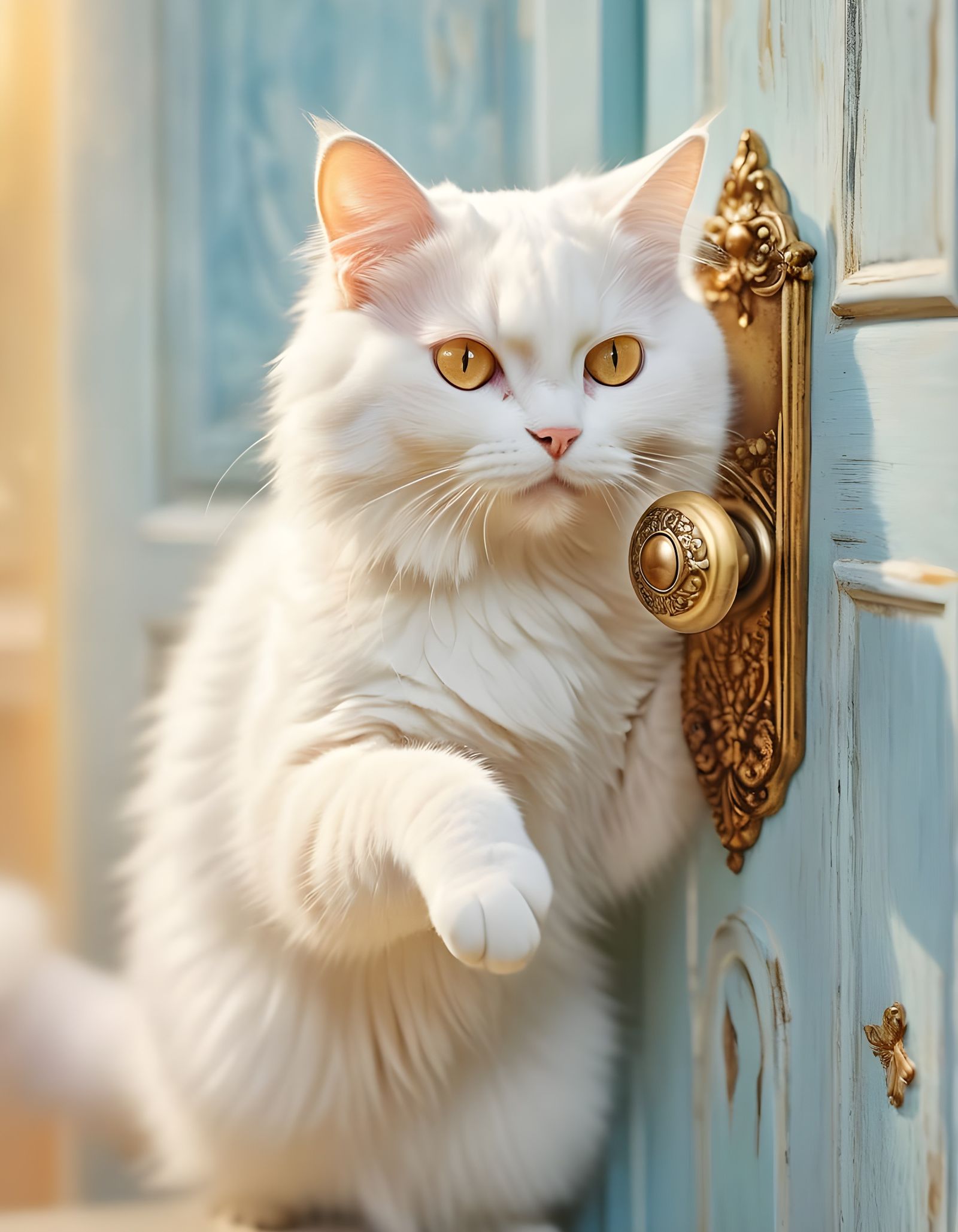 Determined White Cat Overcomes Door Obstacle
