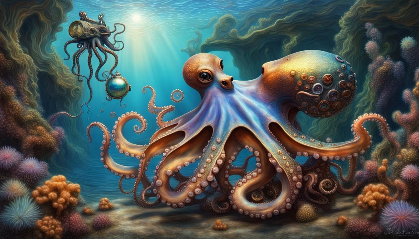 Steampunk Glaucus Atlanticus Octopus in a Holographic Sea