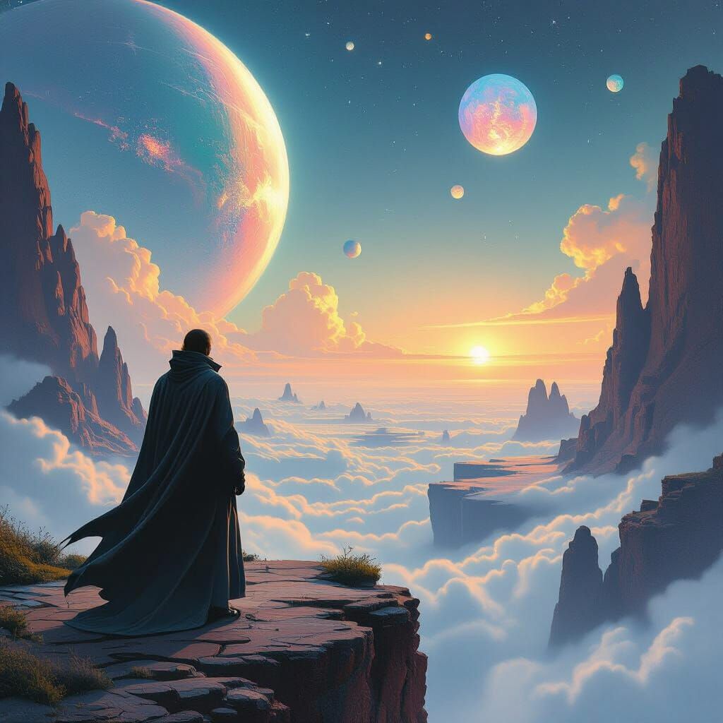 Ethereal Figure Overlooking Surreal Planets in Cosmic Dreams...
