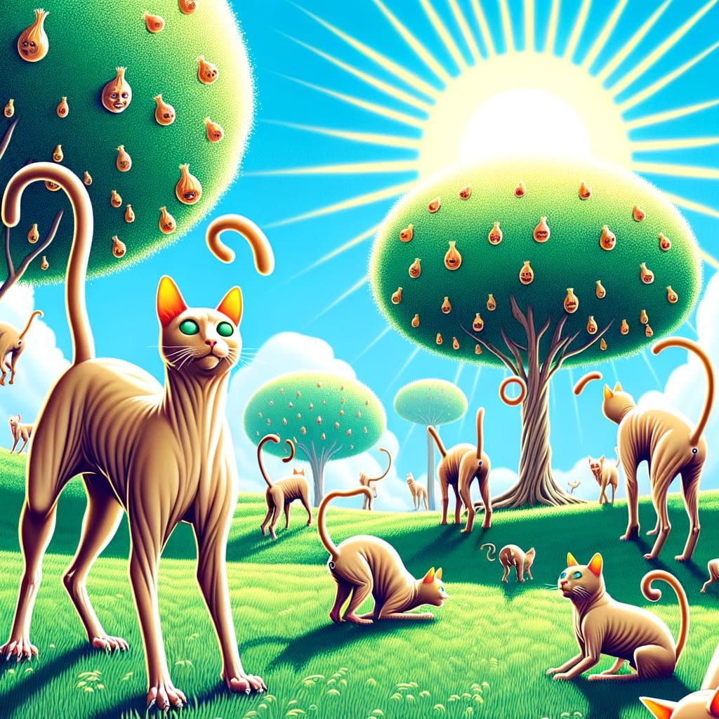Fantastical Cartoon Scene of Half Cats in a Surreal Meadow