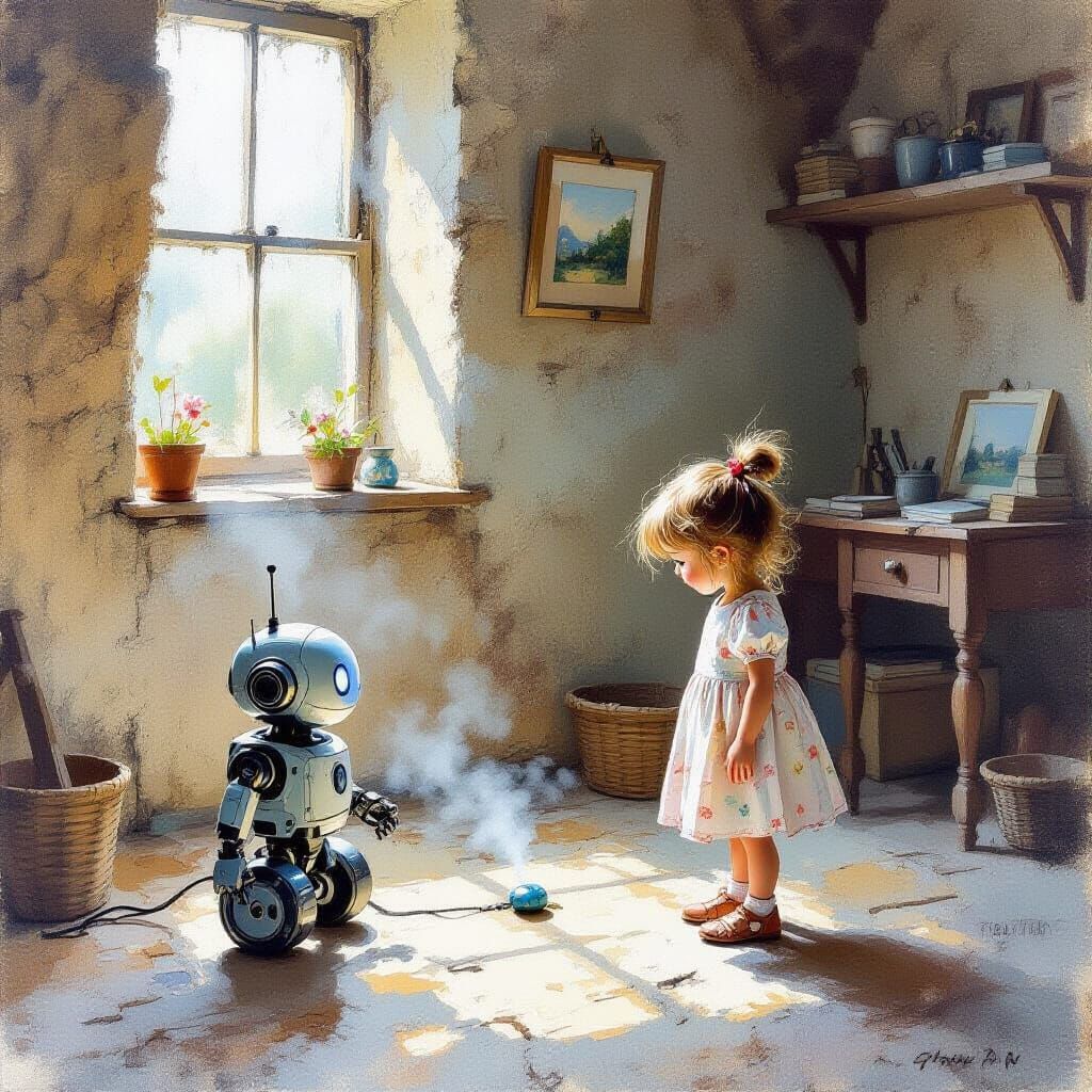 Girl Meets Robot: Impressionist Gouache Masterpiece