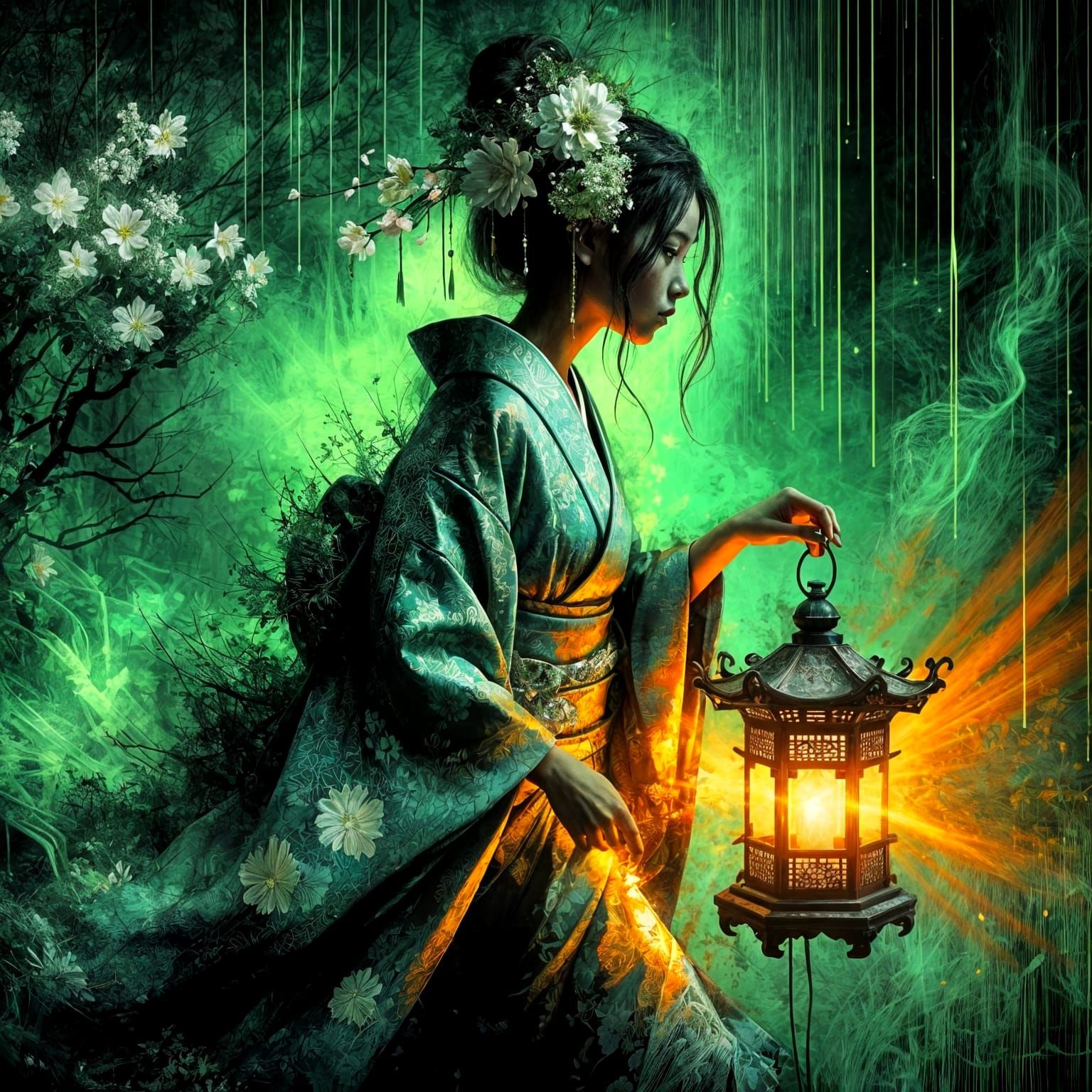 Kimono in Neon Forest: Sumi-e Ink Art