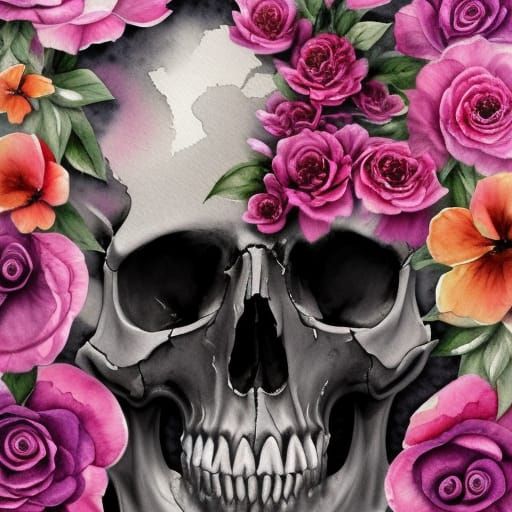 Watercolor Skull with Flowers: Detailed Concept Art