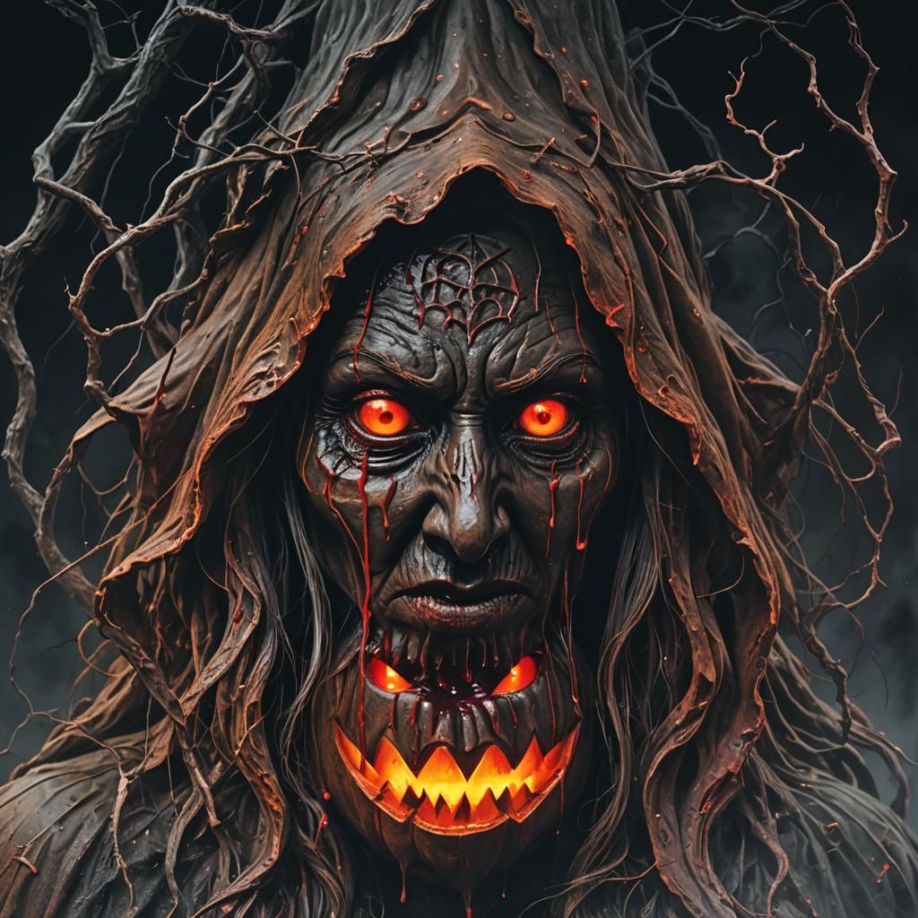 Eerie Witch Pumpkin Carving in Dark Fantasy Art
