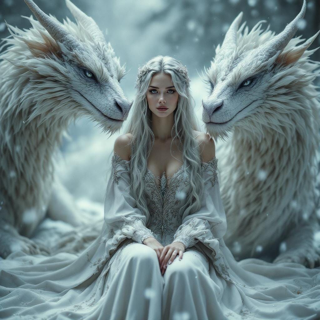 Woman with Dragons in Winter Fantasy Art