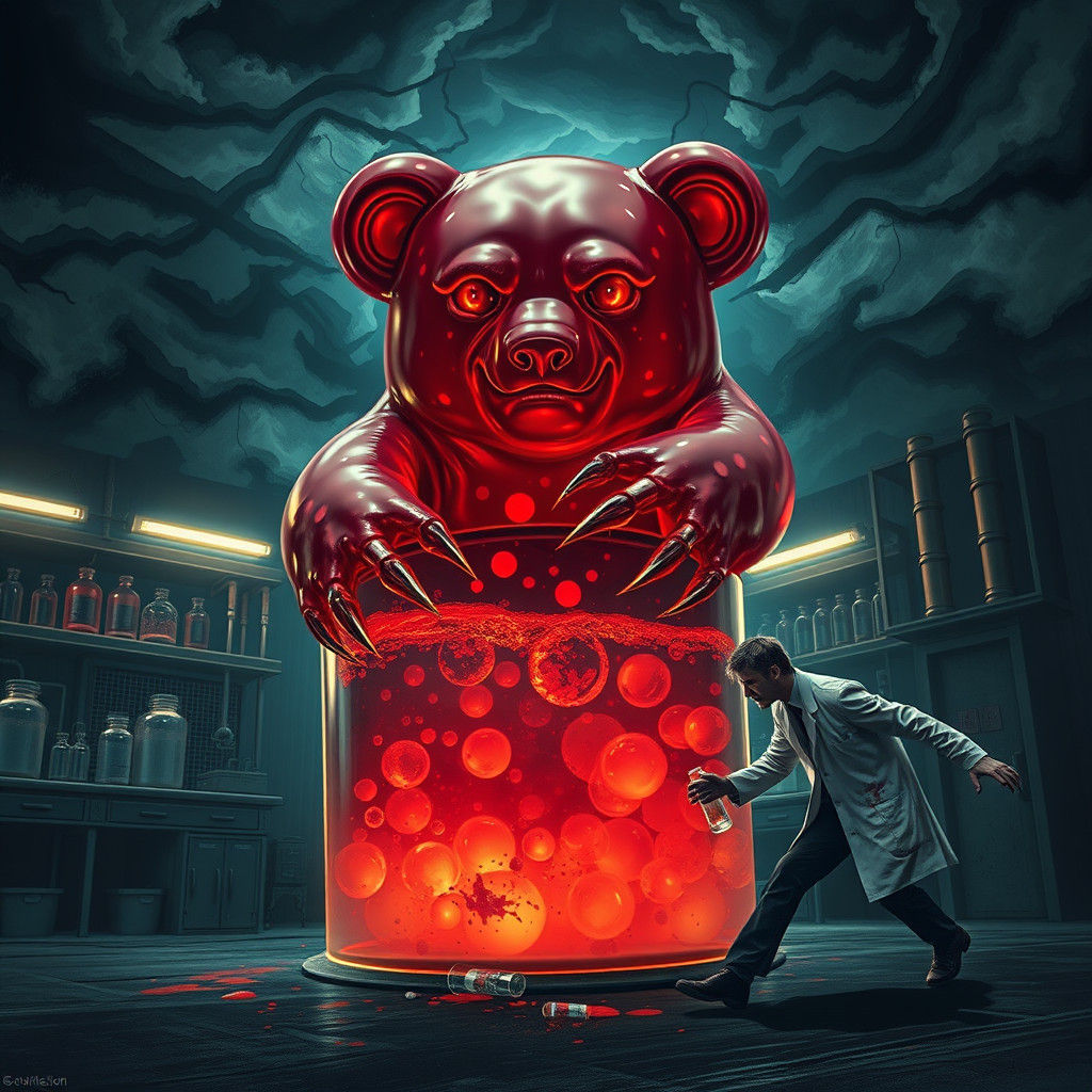 Monstrous Gummy Bear Emerges in Stormy Lab