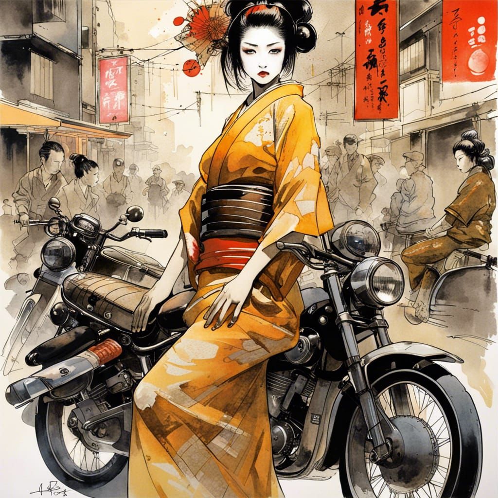 Tokyo Geisha with Bikers in Yoshida-Shinkawa Style