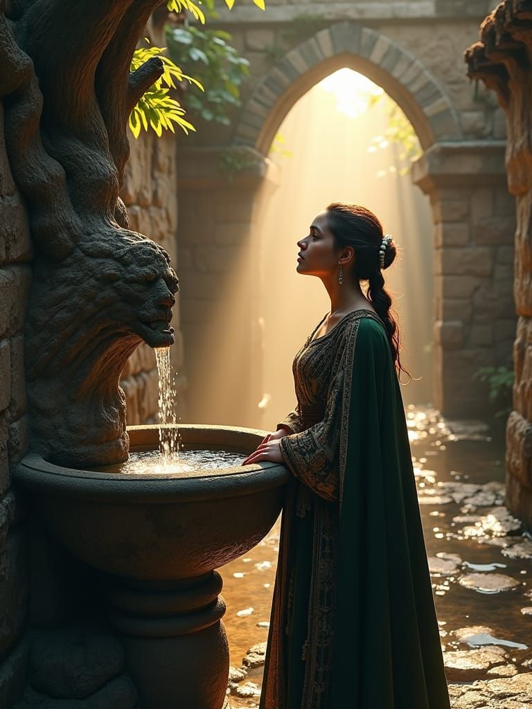 Medieval Woman Drinks From Fountain: Matte Painting