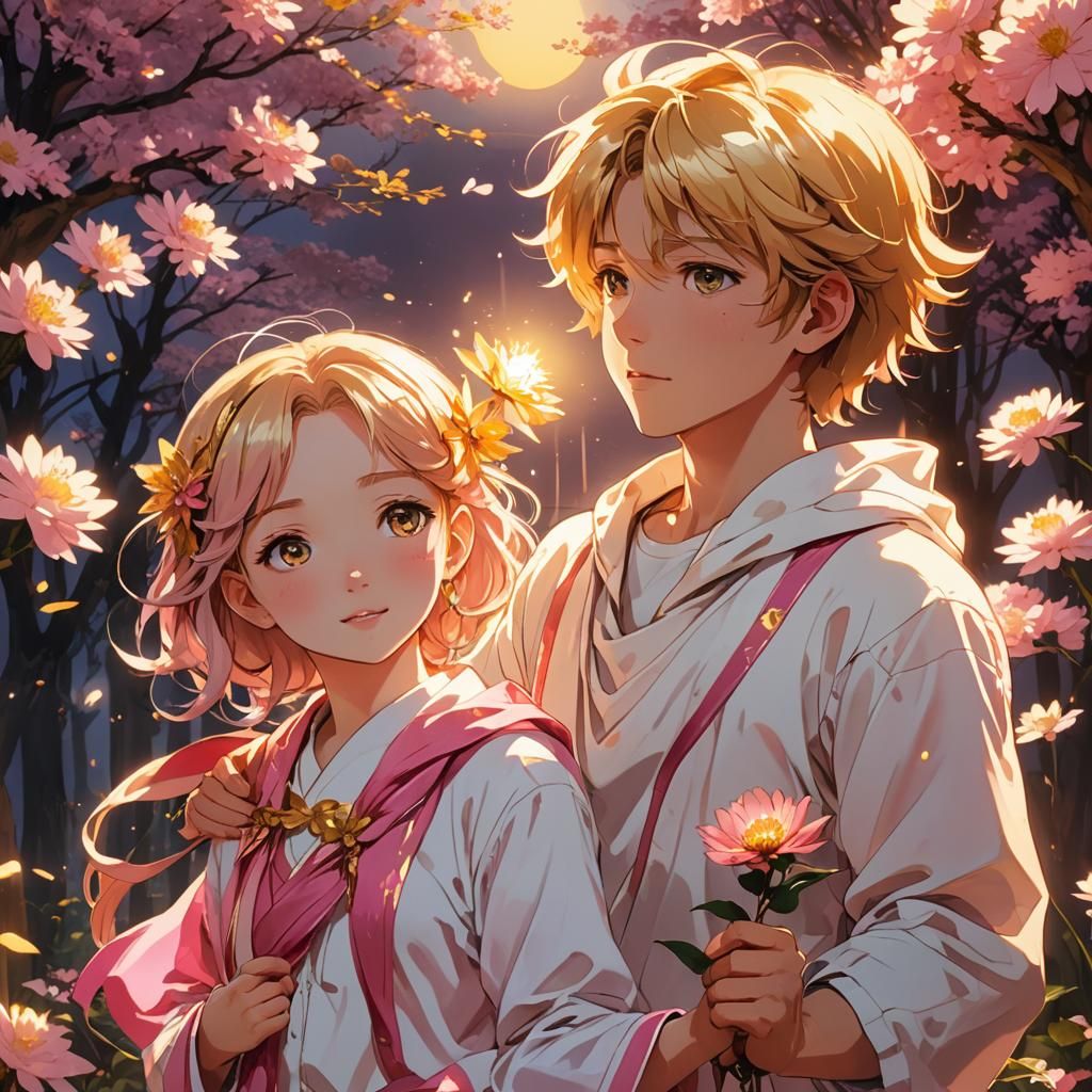 Anime Illustration of Children with Golden Flower