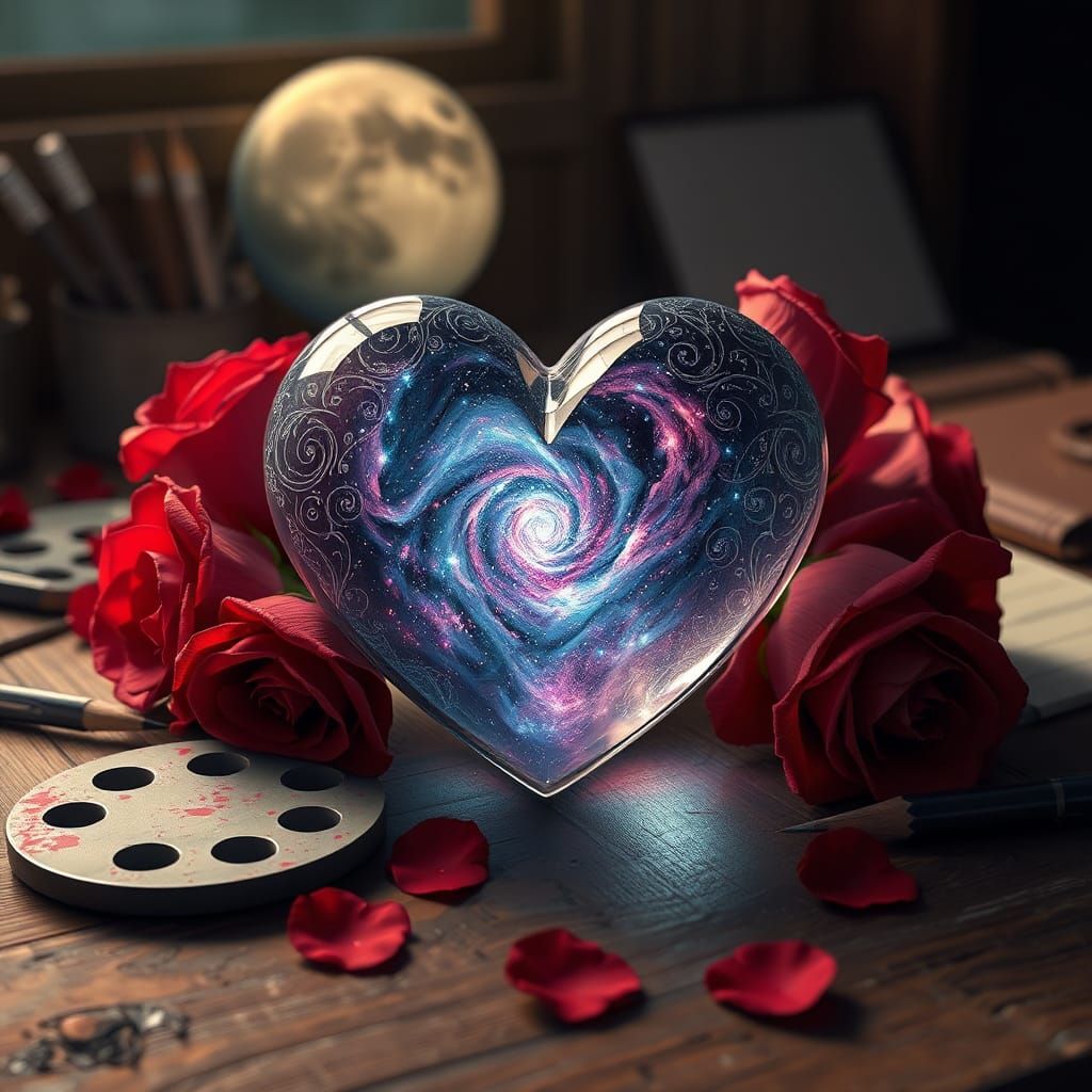 Galaxy Crystal Heart with Roses in Anime Style