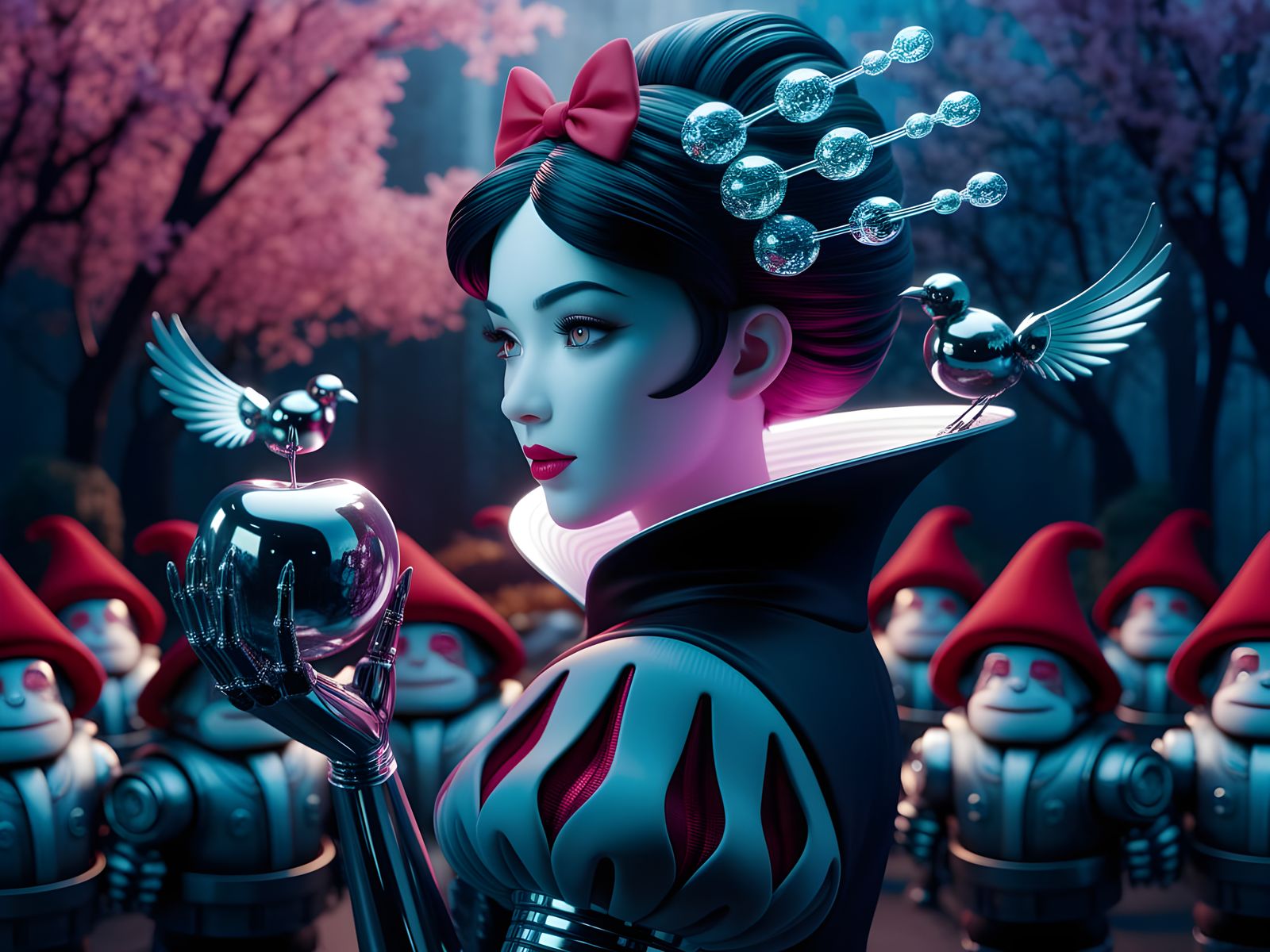 Cyber-Geisha Snow White in Neon Forest