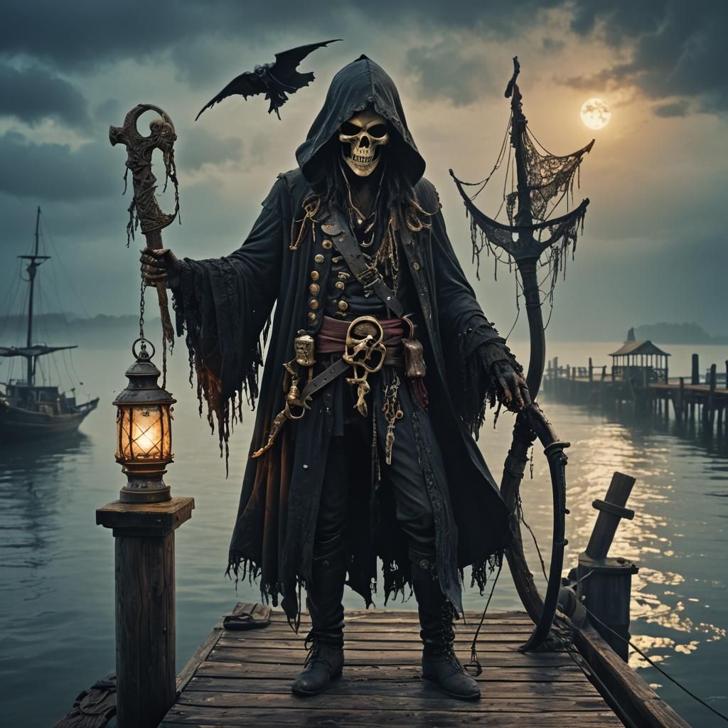 Pirate Grim Reaper on Misty Dock in Dark Fantasy Art