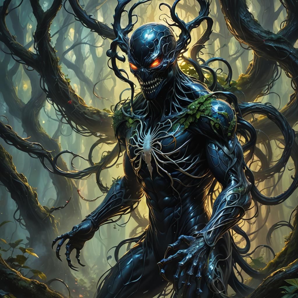 Symbiote Bond in Ancient Forest Oil Painting