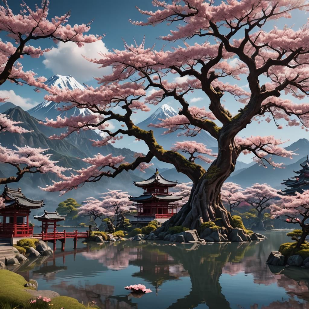 Sakura Tree by Lake: Detailed Matte Painting