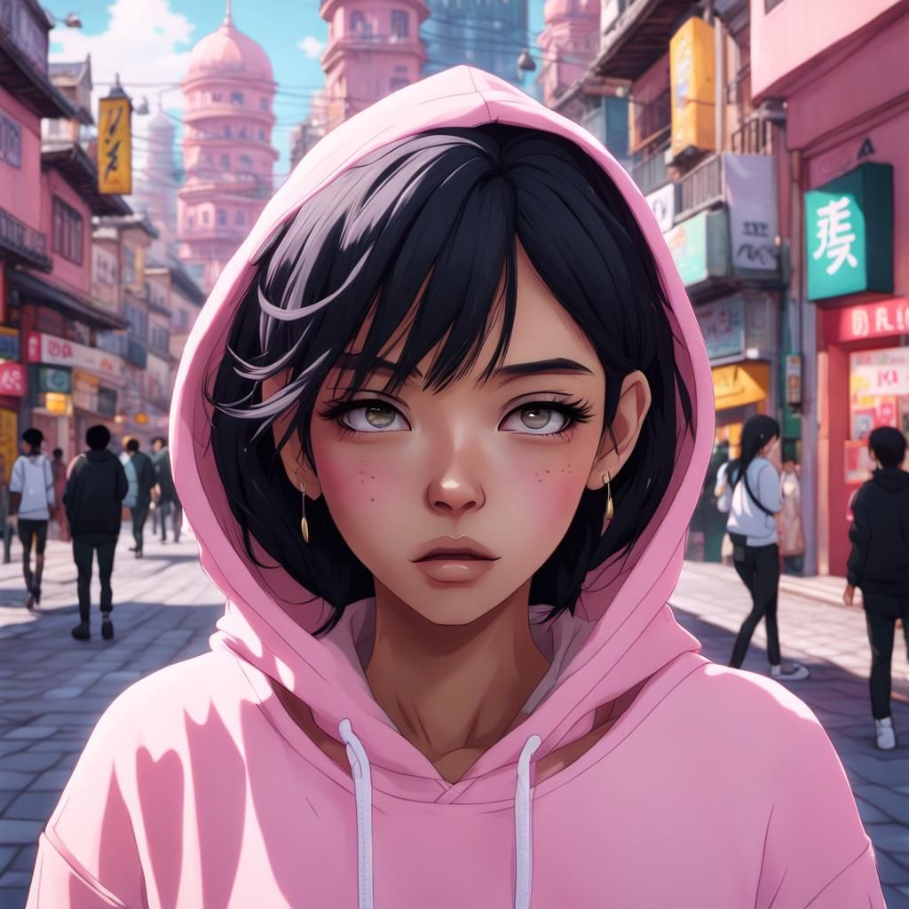 Pink City Anime Girl: Ultra Realistic Portrait