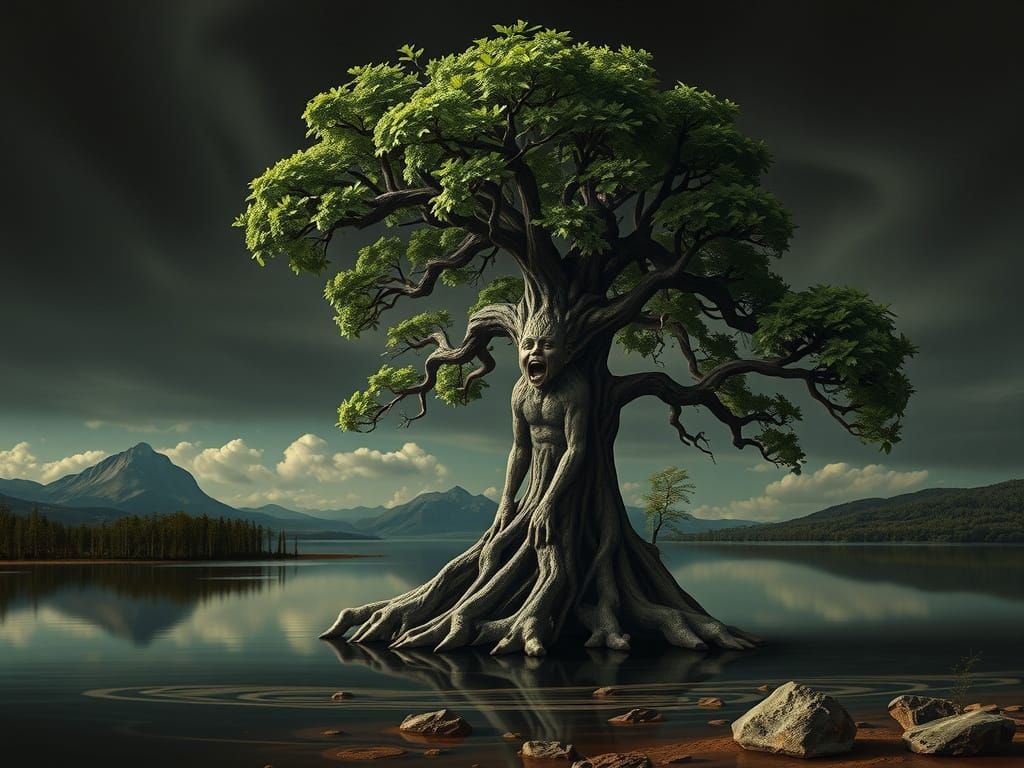 Surreal Tree Human Hybrid Cries in Hyperrealistic Landscape